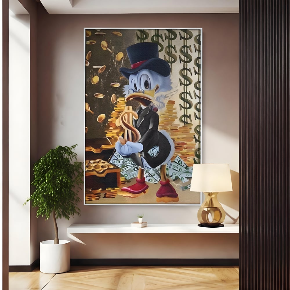 Tablou canvas cu tablou canvas cu scrooge duck si bani, in rama de aluminiu argintiu